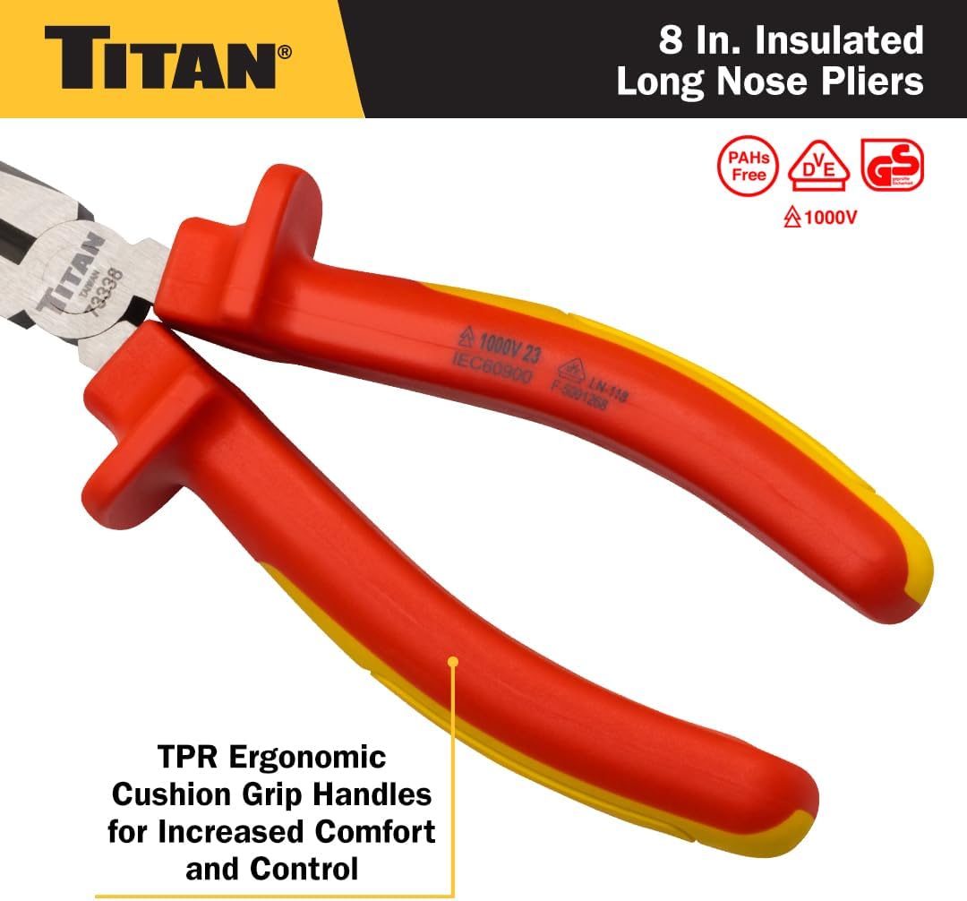 Titan Tools 73338 8" Insulated Long Nose Pliers