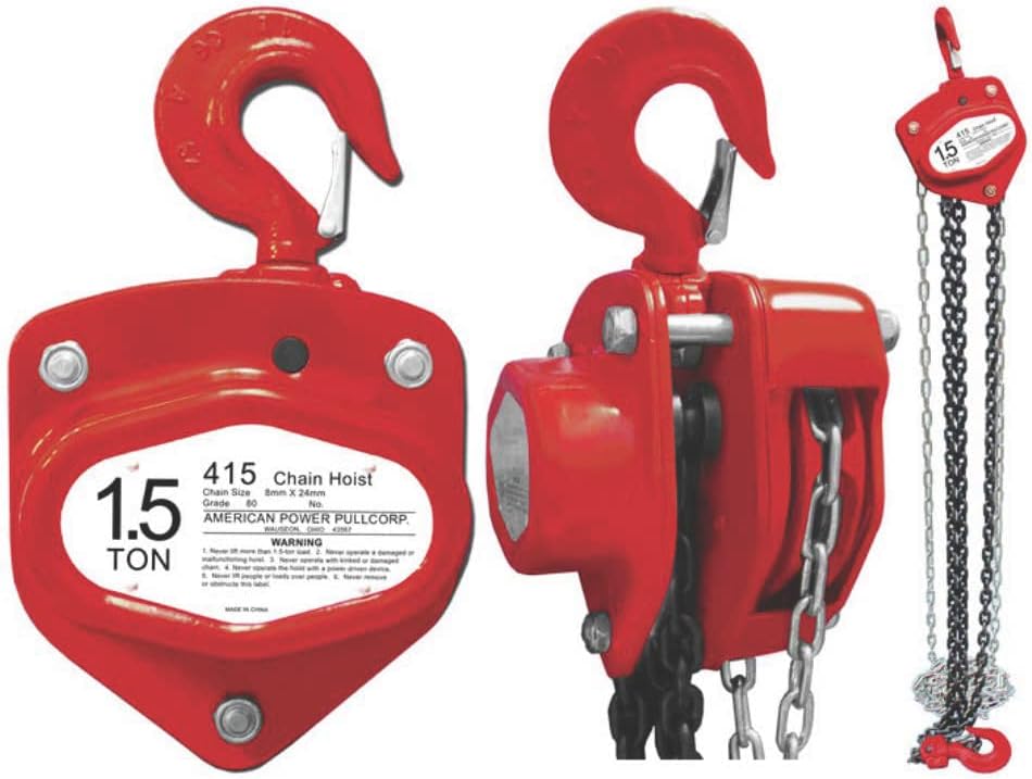 American Power Pull 415 1.5-Ton Chain Hoist - red, front and side view with chain