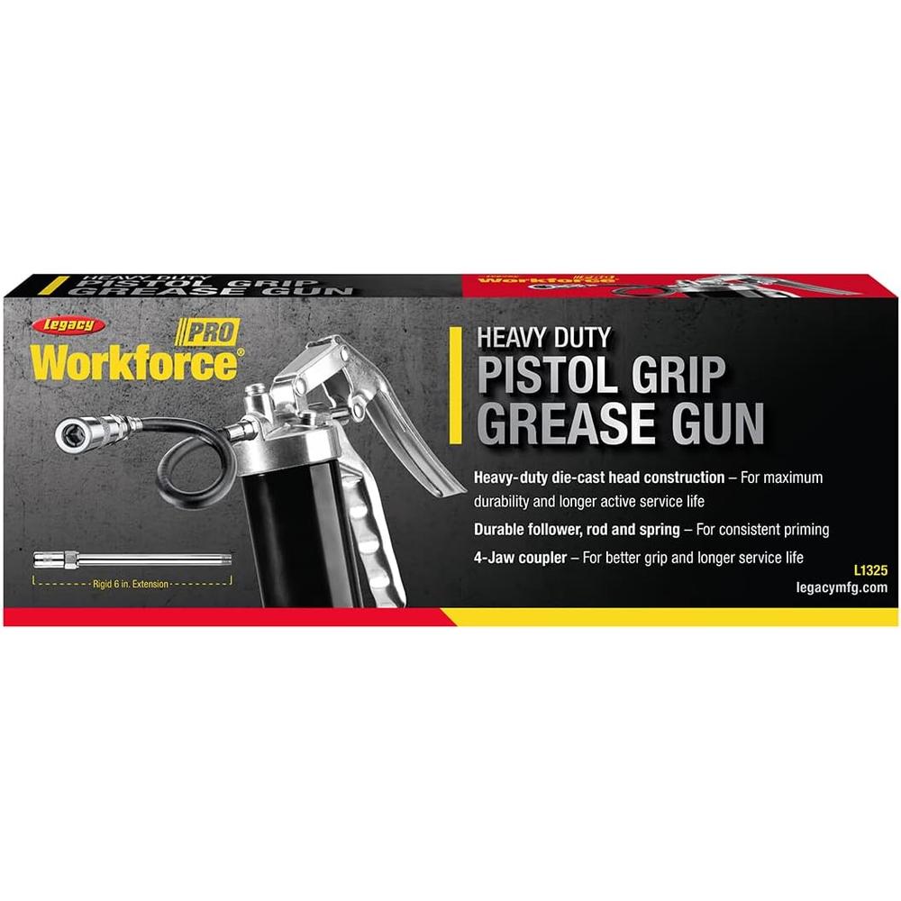Legacy Manufacturing L1325 Workforce Pistol Grip Grease Gun, 12" Flexible Extension