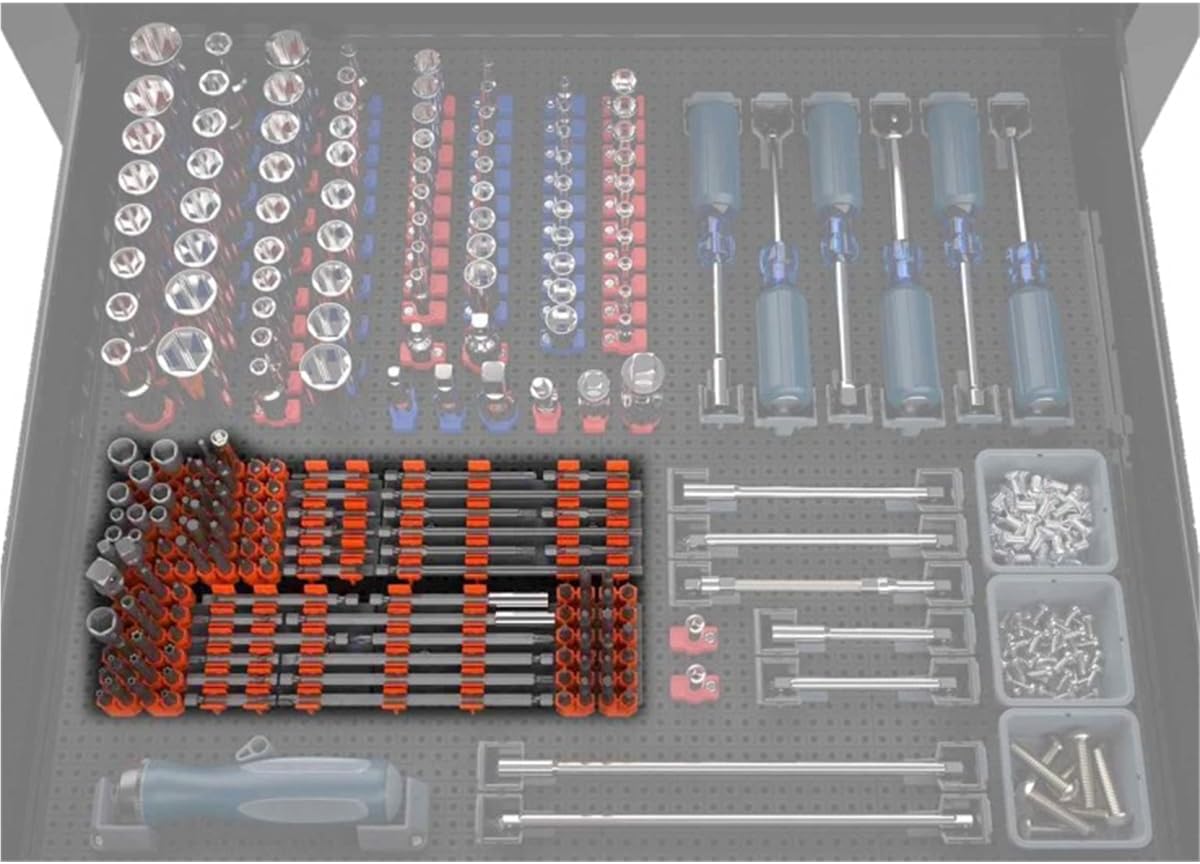 Tool Grid TGH-HXBT Hex Bit Holder Kit shown in use on a Toolgrid board organizing hex bits and driver bits
