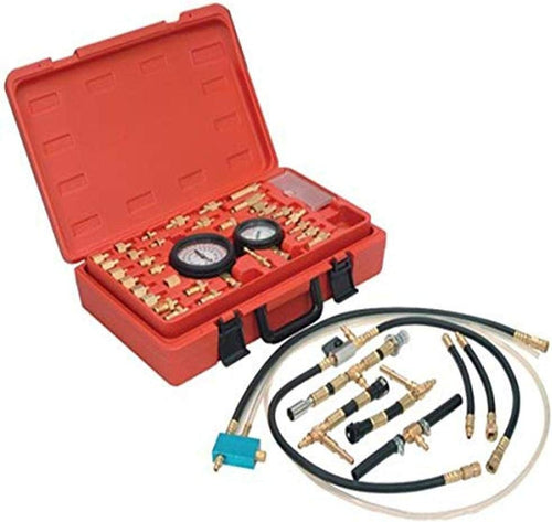 ATD Tools 5578 Master Fuel Injection Pressure Test Set with dual gauges, brass adapters, hoses, and molded red storage case