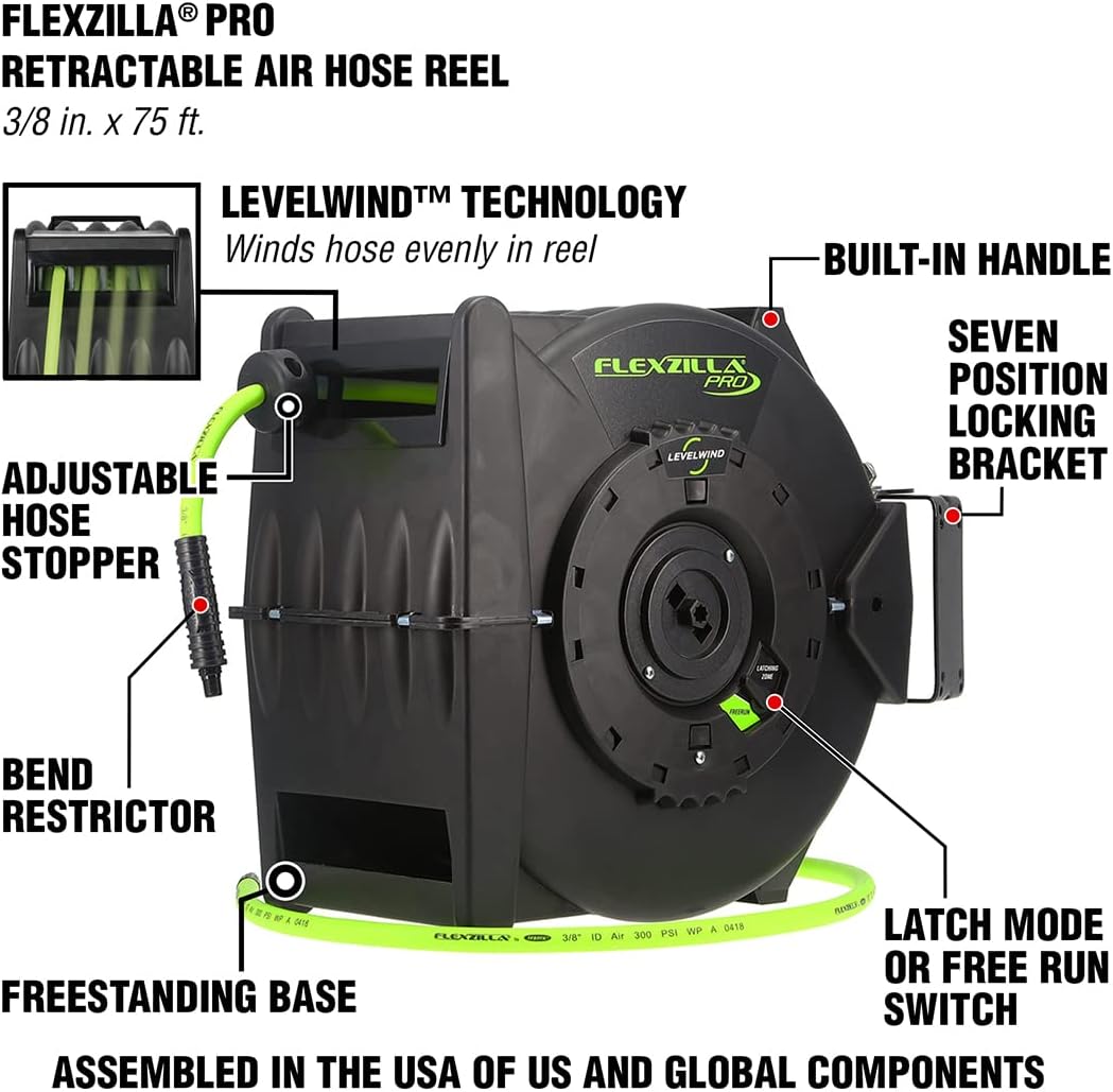 Legacy Manufacturing L8306FZ Flexzilla Enrouleur de tuyau d'air rétractable avec technologie Levelwind, 3/8" X 75'