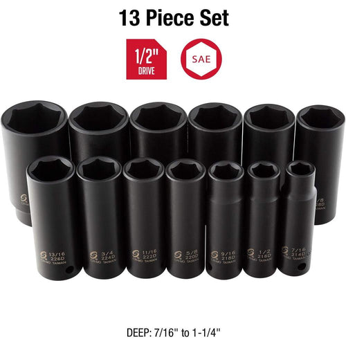 Sunex Tools 2651 1/2" Drive Standard SAE Impact Socket Set, 13 Piece