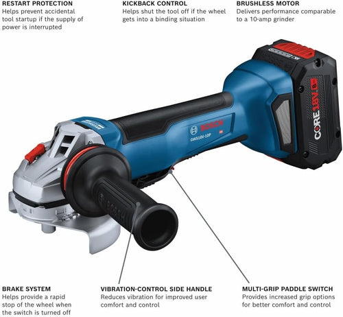 Bosch GWS18V-10PB14 18V Brushless 4-1/2 – 5 In. Angle Grinder Kit with No Lock-On Paddle Switch and (1) CORE18V® 8 Ah High Power Battery