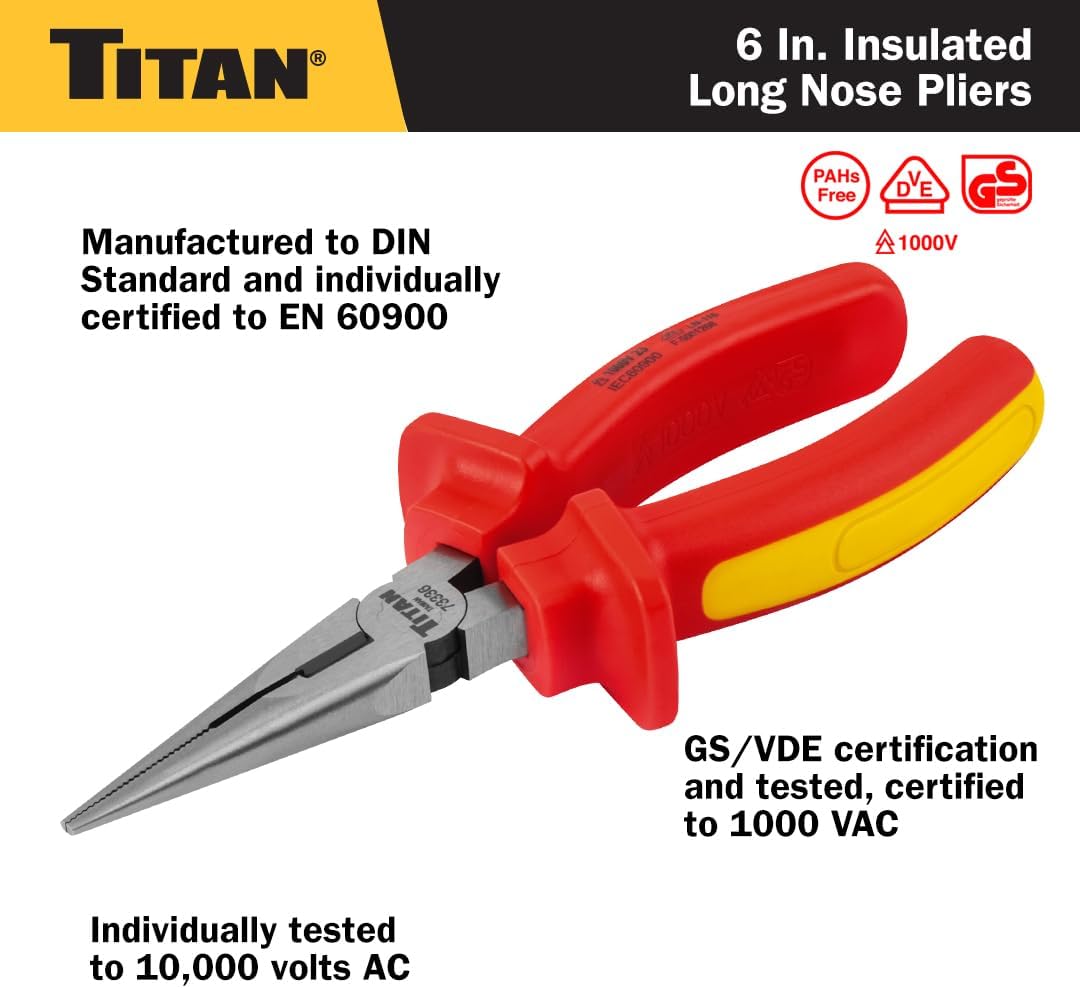 Titan Tools 73336 6" Insulated Long Nose Pliers