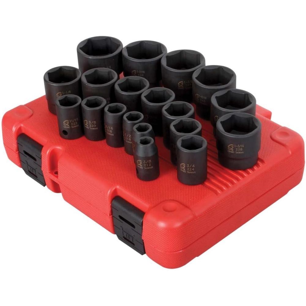 Sunex Tools 2640 1/2 in. Drive Impact Socket Set, 19 pieces, SAE, 3/8 in. 1-1/2 in., Cr-Mo Alloy Steel, Radius Corner Design, Dual Size Markings, Heavy Duty Storage Case, Meets ANSI Standards