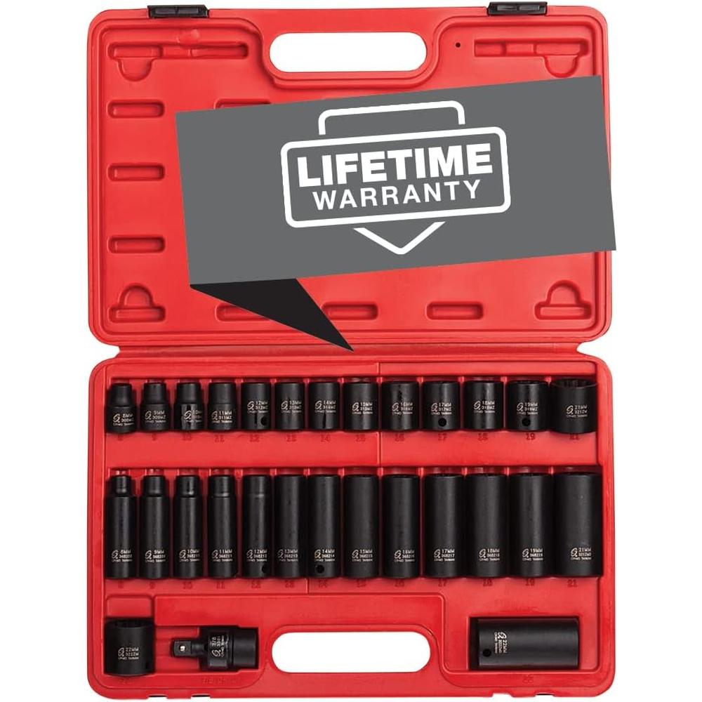 Sunex Tools 3330 3/8" Drive Master Impact Socket Set, 12 Pt., 29Piece, Metric, 8mm-22mm, Standard/Deep, Cr-Mo Steel, Heavy Duty Storage Case, Includes Universal Joint