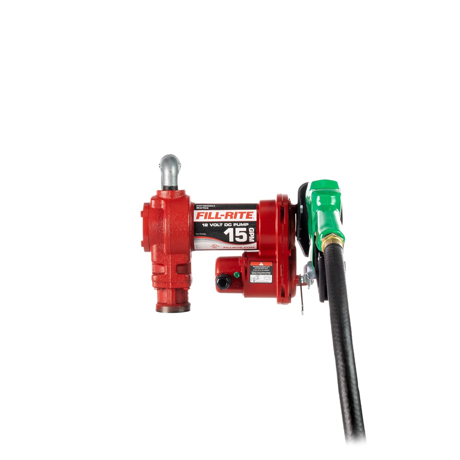 Fill-Rite FR1210HA1 15 GPM, pompe 12 V CC, tuyau 3/4" X 12', buse automatique 3/4" (bec verseur au plomb et couvercle vert), fil de terre 5', câble de batterie 18' calibre 12 à 2 fils, acier télescopique Tuyau d'aspiration (20" à 341/2").