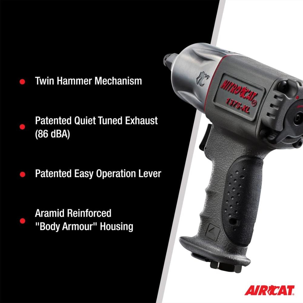 NitroCat 1375-XL 1/2-Inch Mini Composite Air Impact Wrench with Twin Clutch Mechanism