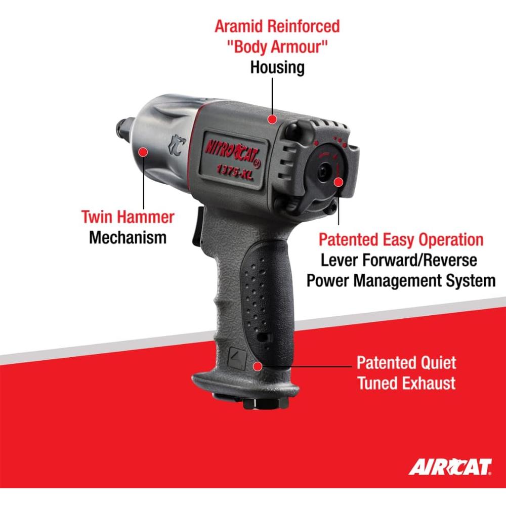NitroCat 1375-XL 1/2-Inch Mini Composite Air Impact Wrench with Twin Clutch Mechanism