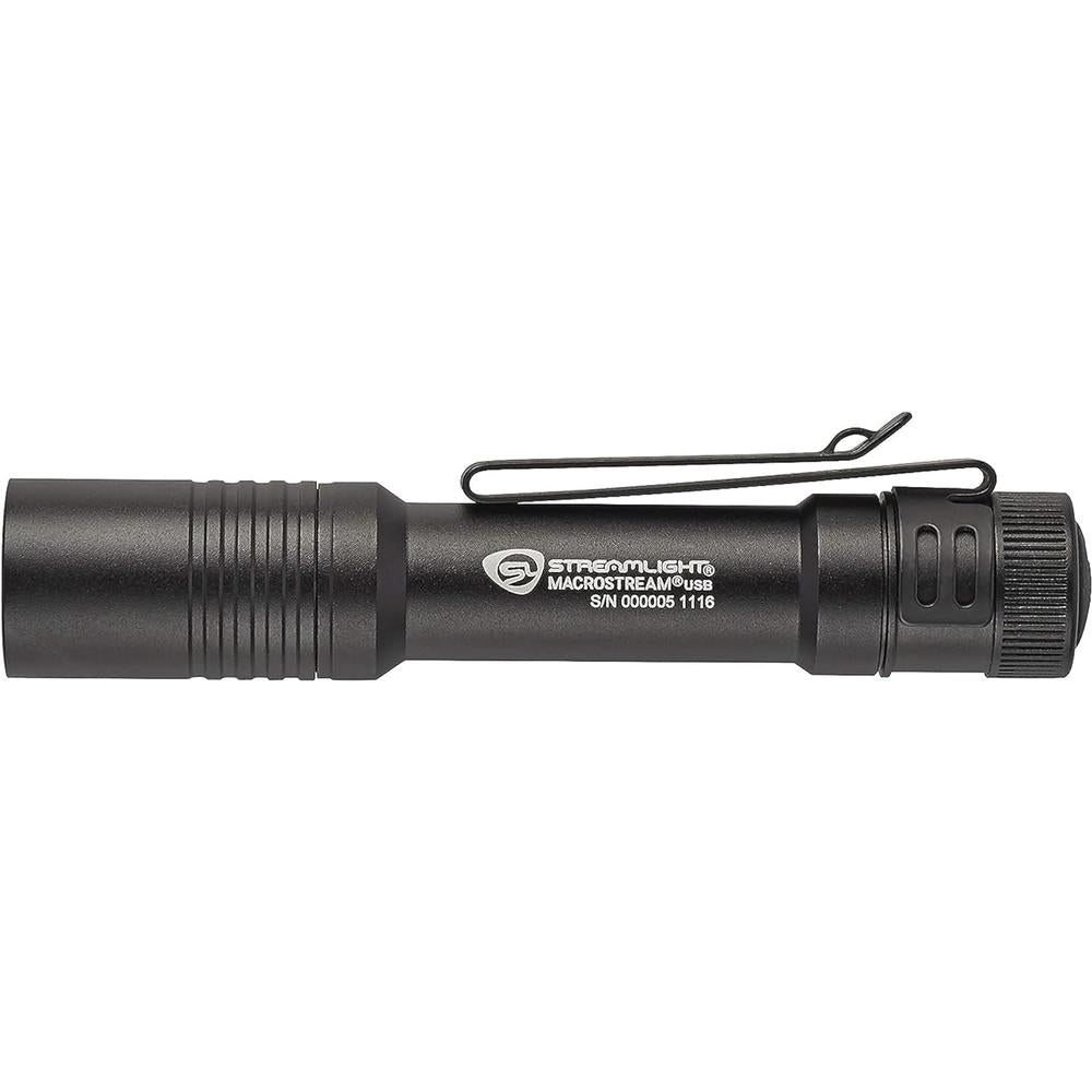 Streamlight 66320 MacroStream USB 500-Lumen Rechargeable Compact Flashlight with Wrist Lanyard, Hat Clip and USB Cord, Black