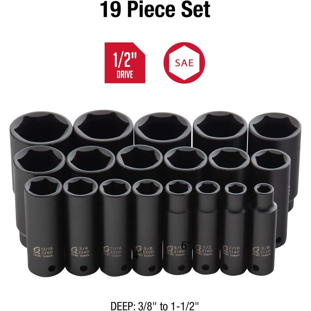 Sunex Tools 2641 1/2 in. Drive Deep Impact Socket Set, 19 pieces, SAE, 3/8" - 1-1/2", Cr-Mo Alloy Steel, Radius Corner Design, Dual Size Markings, Heavy Duty Storage Case