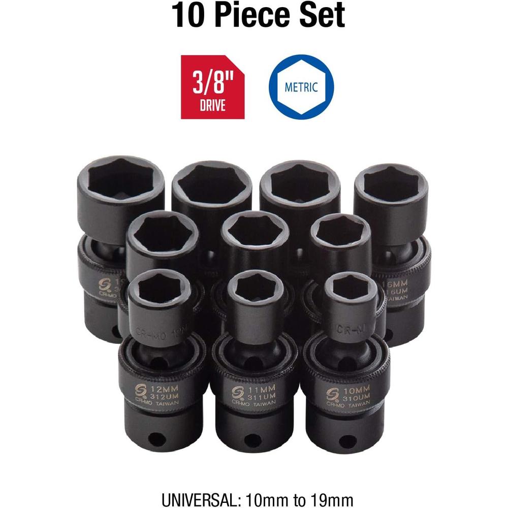 Sunex Tools 3657 3/8 in. Drive Universal Impact Socket Set, 10 pieces, Metric, 10mm - 19mm, Cr-Mo Alloy Steel, Radius Corner Design, Dual Size Markings, Heavy Duty Storage Case, Meets ANSI Standards