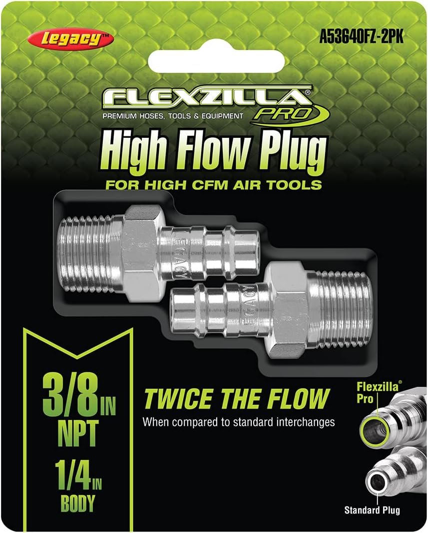 Legacy Manufacturing A53640FZ-2PK Flexzilla Pro High Flow Plug, 3/8" MNPT, 1/4" Body, 2-Pack
