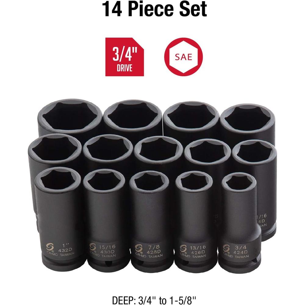 Sunex Tools 4638 3/4  in. Drive Deep Impact Socket Set, 14 pieces, SAE, 3/4" - 1-5/8", Cr-Mo Alloy Steel, Radius Corner Design, Dual Size Markings, Heavy Duty Storage Case