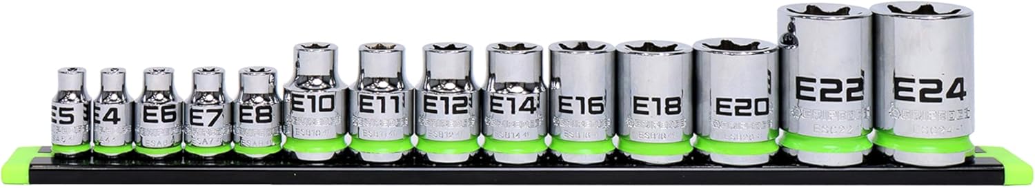 GripEdge ES14S 14-pc 1/4", 3/8", 1/2" Dr. RPT Female Torx Bit Socket Set, E4-E24