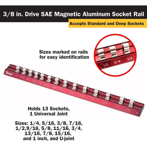 Titan Tools 38097 Rail à douille magnétique en aluminium Dr. SAE, 3/8 po
