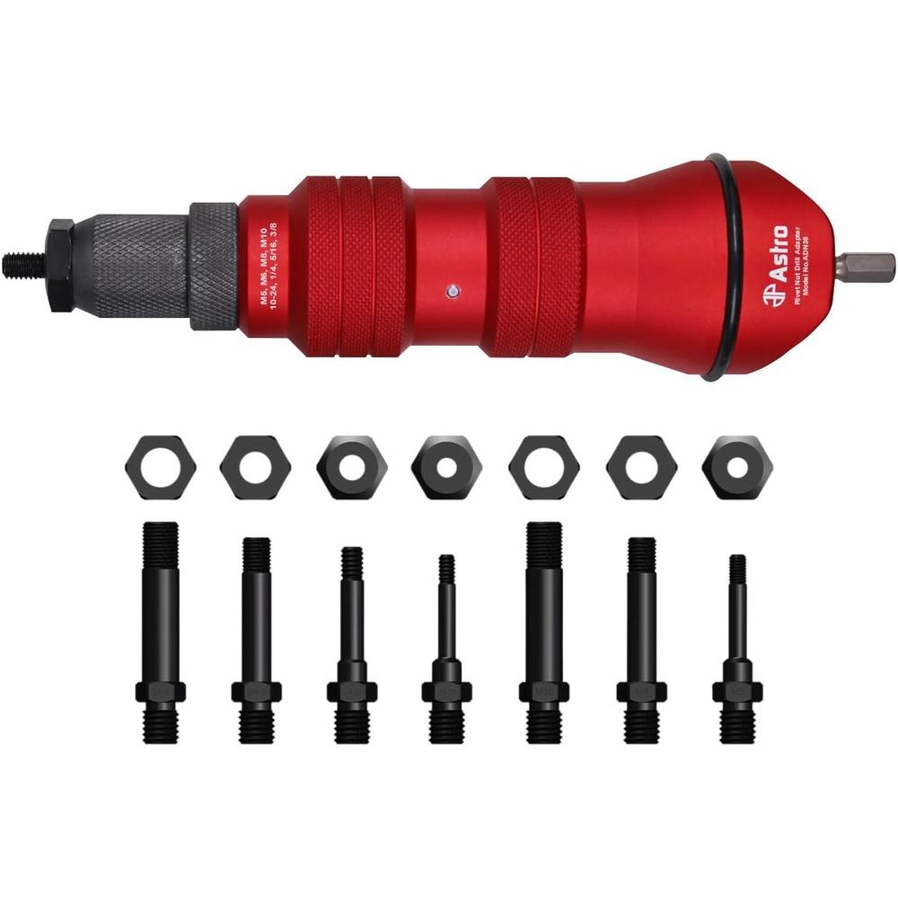 Astro Pneumatic ADN38 RIVET NUT CORDLESS DRILL ADAPTER KIT - 3/8" CAP., 8 MANDRELS/NOSEPIECES: 10-24, 1/4-20, 5/16-18, 3/8-16, M5, M6, M8, M10
