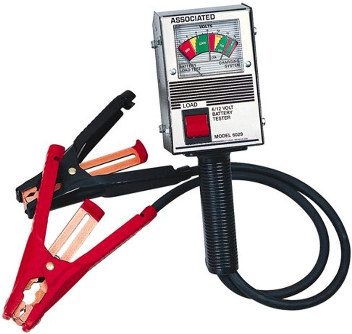Associated Equipment 6029 6/12V 125 Amp Hand Held Analog Battery Tester with red and black insulated safety clamps
