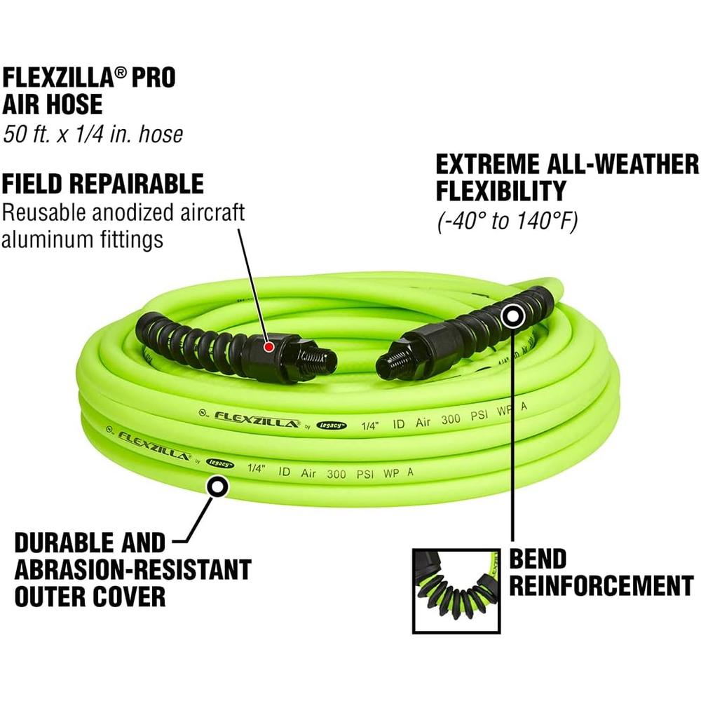 Legacy Manufacturing HFZP1450YW2 Flexzilla Pro Air Hose, 1/4" X 50', 1/4" MNPT Fittings
