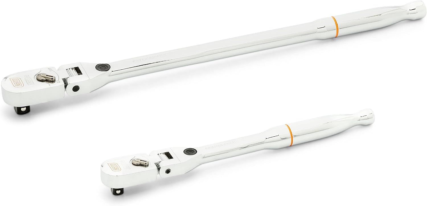 Gearwrench 81380 120XP 2-Piece Flex Head Ratchet Set, angled view showing flex head and on/off switch detail