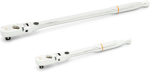 Gearwrench 81380 120XP 2-Piece Flex Head Ratchet Set, angled view showing flex head and on/off switch detail