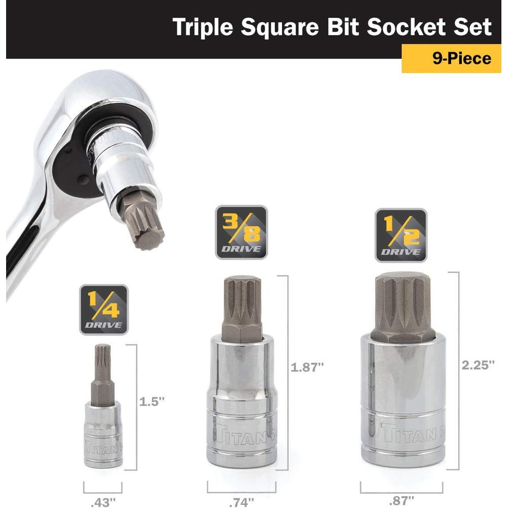 Outils Titan 16144 9 pièces. Jeu de douilles triples carrées