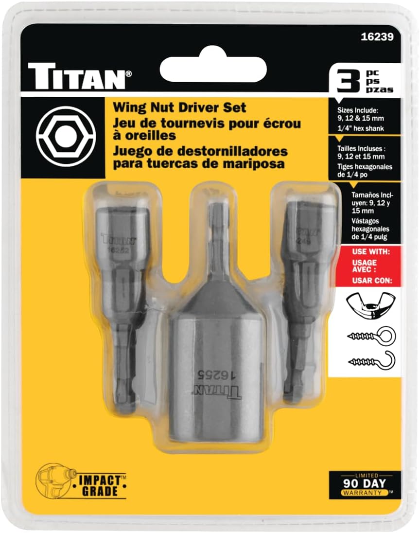Titan Tools 16239 3-pc Impact Grade Slotted Wing Nut Driver Set, 7/16", 1/2", 15/16" (9, 12, 15mm), 1/4" Hex Shank