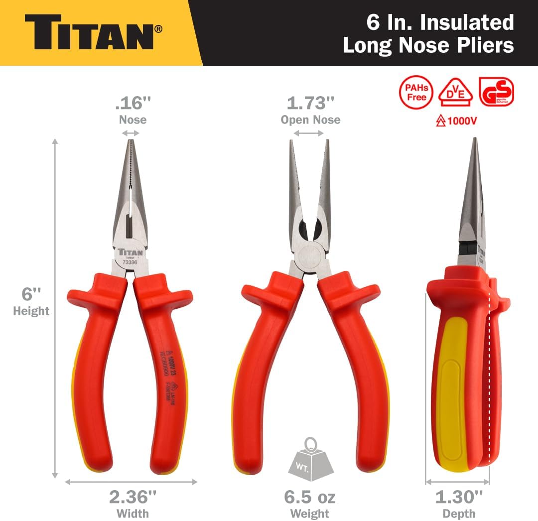 Titan Tools 73336 6" Insulated Long Nose Pliers