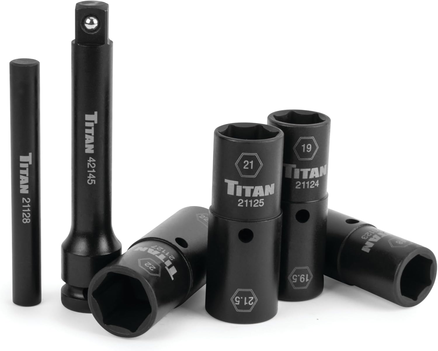 Titan Tools 21126 Flip Socket Set - angle view of flip sockets, extension, and knockout bar