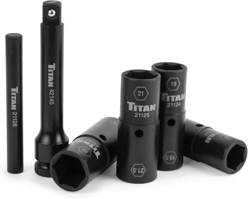 Titan Tools 21126 Flip Socket Set - angle view of flip sockets, extension, and knockout bar