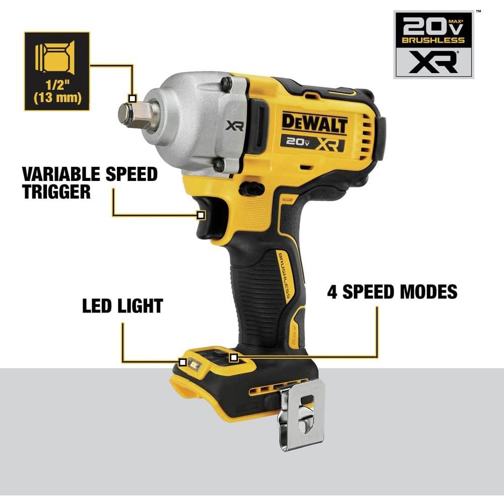 Dewalt DCF891B 20V MAX XR 1/2" CLÉ À CHOCS DE MOYENNE GAMME AVEC ENCLUME À ANNEAU DE PORC (OUTIL UNIQUEMENT), 600 FT-LBS, 0-2000 RPM