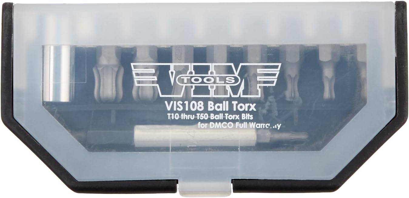 VIM Tools VIS108 Jeu d'embouts Torx à bille, 11 pièces. T10 à T50, 1/4"Mag.Driver &amp; Bit Holder, Black Box