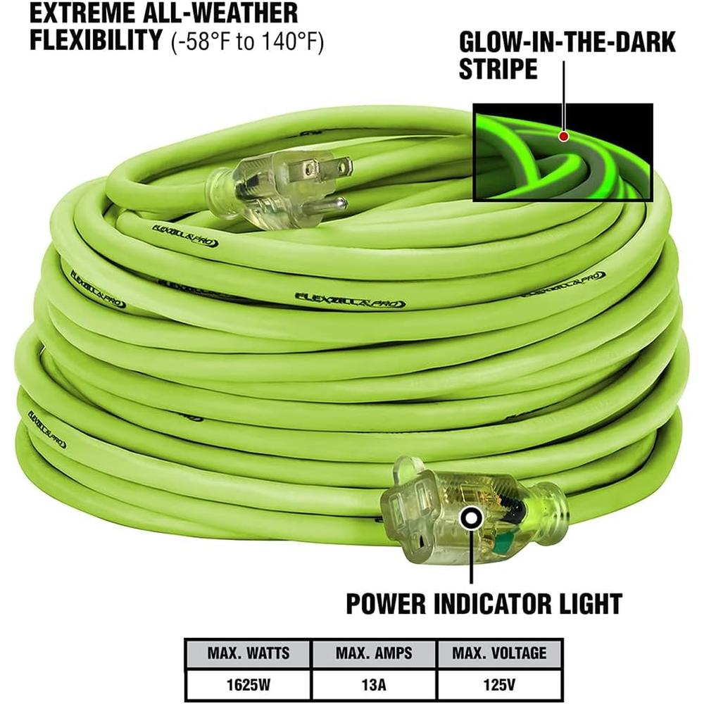 Fabrication héritée FZ512735 100 pi. RALLONGE FLEXZILLA PRO, 14/3 SJTW, FICHE ÉCLAIRÉE, INTÉRIEUR/EXTÉRIEUR, ZILLAGREEN, 1875W, 15A