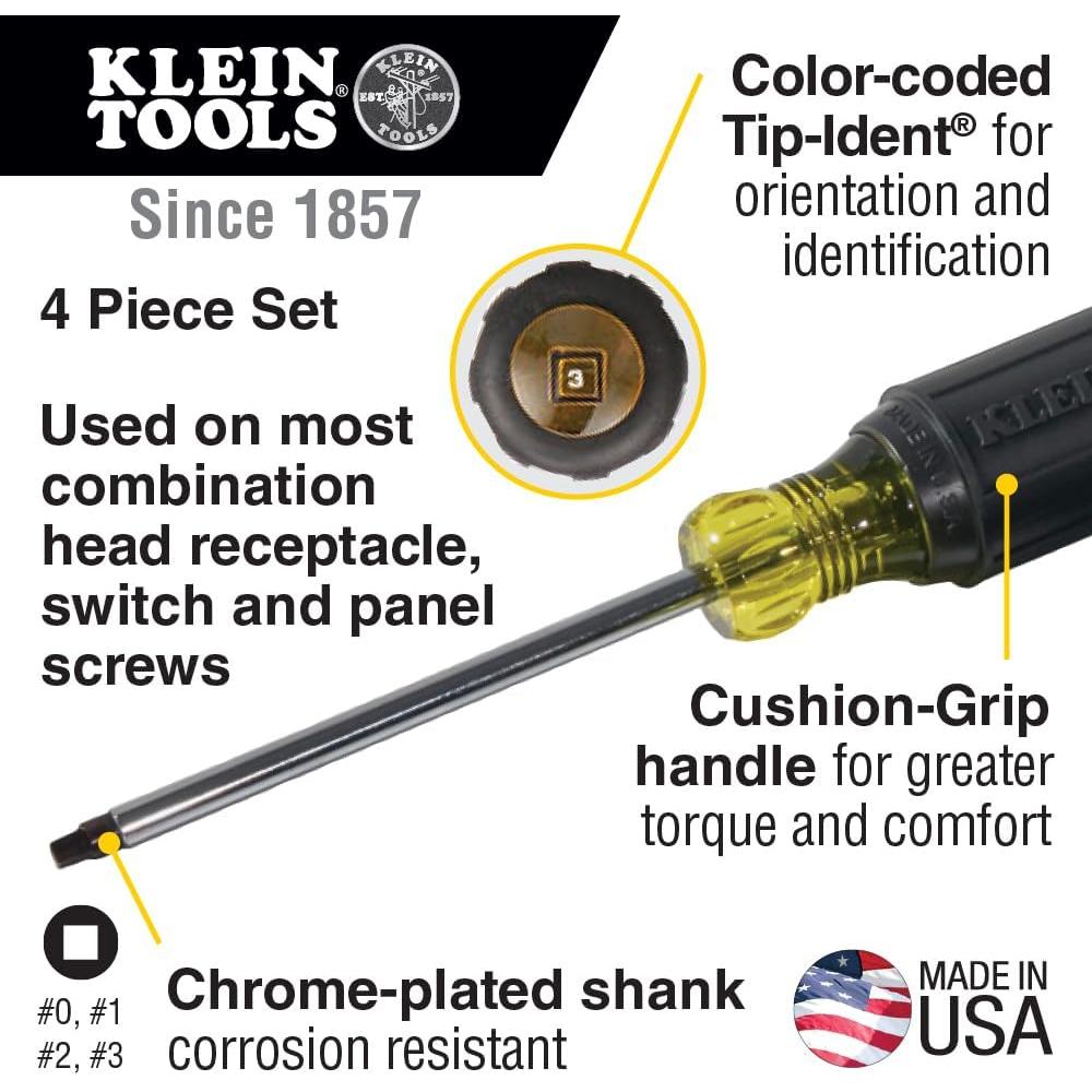 Klein Tools 85664 4 PC SQUARE-RECESS SCREWDRIVER