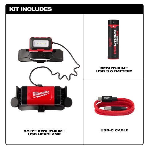Milwaukee Tool 2118-21 BOLT REDLITHIUM USB Headlamp kit contents diagram showing headlamp, REDLITHIUM USB 3.0 Battery, and USB-C cable