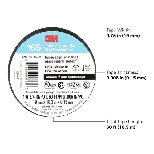 3M 165BK4A RUBAN ÉLECTRIQUE EN VINYLE À USAGE GÉNÉRAL TEMFLEX, NOIR, 3/4" X 60 PI, 6 MIL, PAQUET DE 10