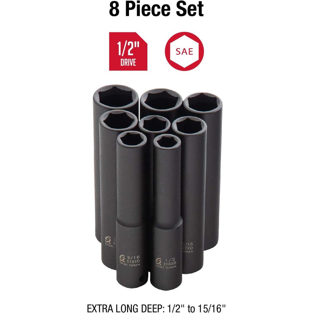 Sunex Tools 2848 1/2 in. Drive Impact Socket Set, Extra Long Deep, 8 pieces, SAE, 1/2"-15/16", Cr-Mo Alloy Steel, Radius Corner Design, Dual Size Markings, Heavy Duty Storage Case