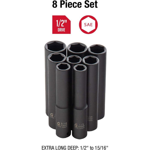Sunex Tools 2848 1/2 in. Drive Impact Socket Set, Extra Long Deep, 8 pieces, SAE, 1/2"-15/16", Cr-Mo Alloy Steel, Radius Corner Design, Dual Size Markings, Heavy Duty Storage Case