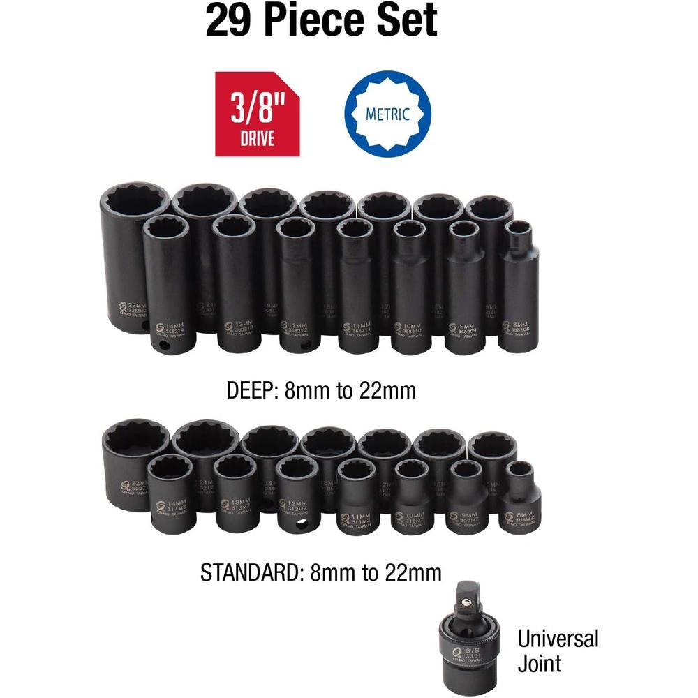Sunex Tools 3330 3/8" Drive Master Impact Socket Set, 12 Pt., 29Piece, Metric, 8mm-22mm, Standard/Deep, Cr-Mo Steel, Heavy Duty Storage Case, Includes Universal Joint