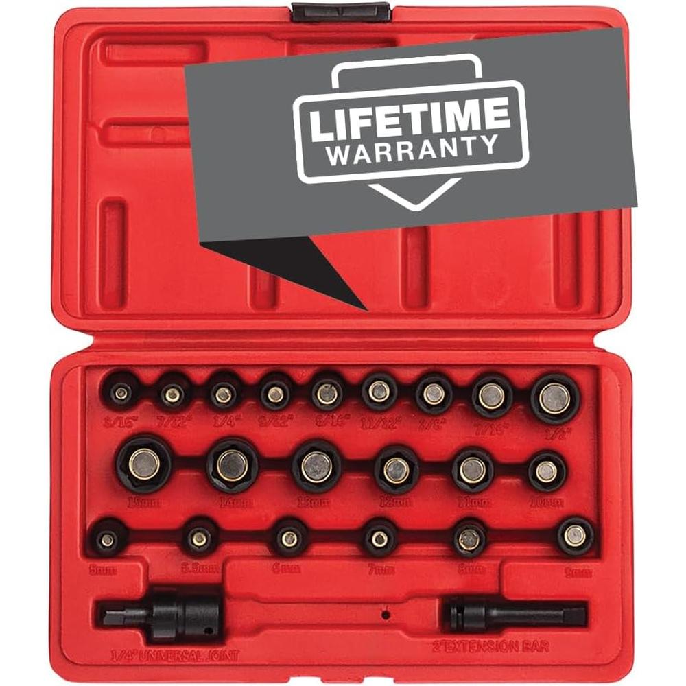 Sunex 1818, 1/4 Inch Drive Master Magnetic Socket Set, 23-Piece, SAE/Metric, 3/16" - 1/2", 5mm-15mm, Cr-Mo Steel, Heavy Duty Storage Case, Includes Universal Joint & 2 Extension