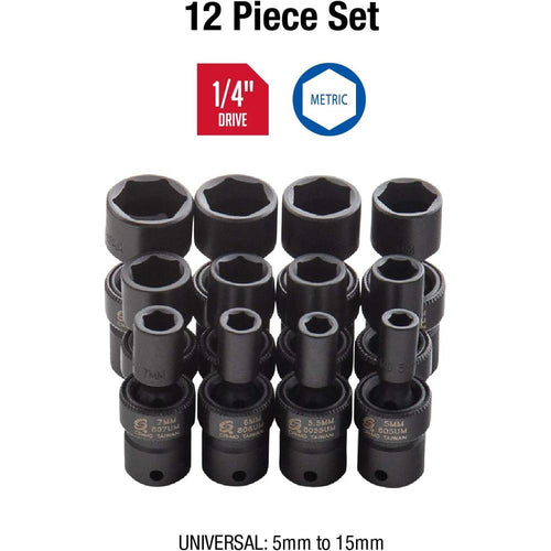 Sunex Tools 1814 1/4 in. Drive Universal Impact Socket Set, 12 pieces, Metric, 5mm - 15mm, Cr-Mo Steel, Radius Corner Design, Chamfered Opening, Dual Size Markings, Heavy Duty Storage Case