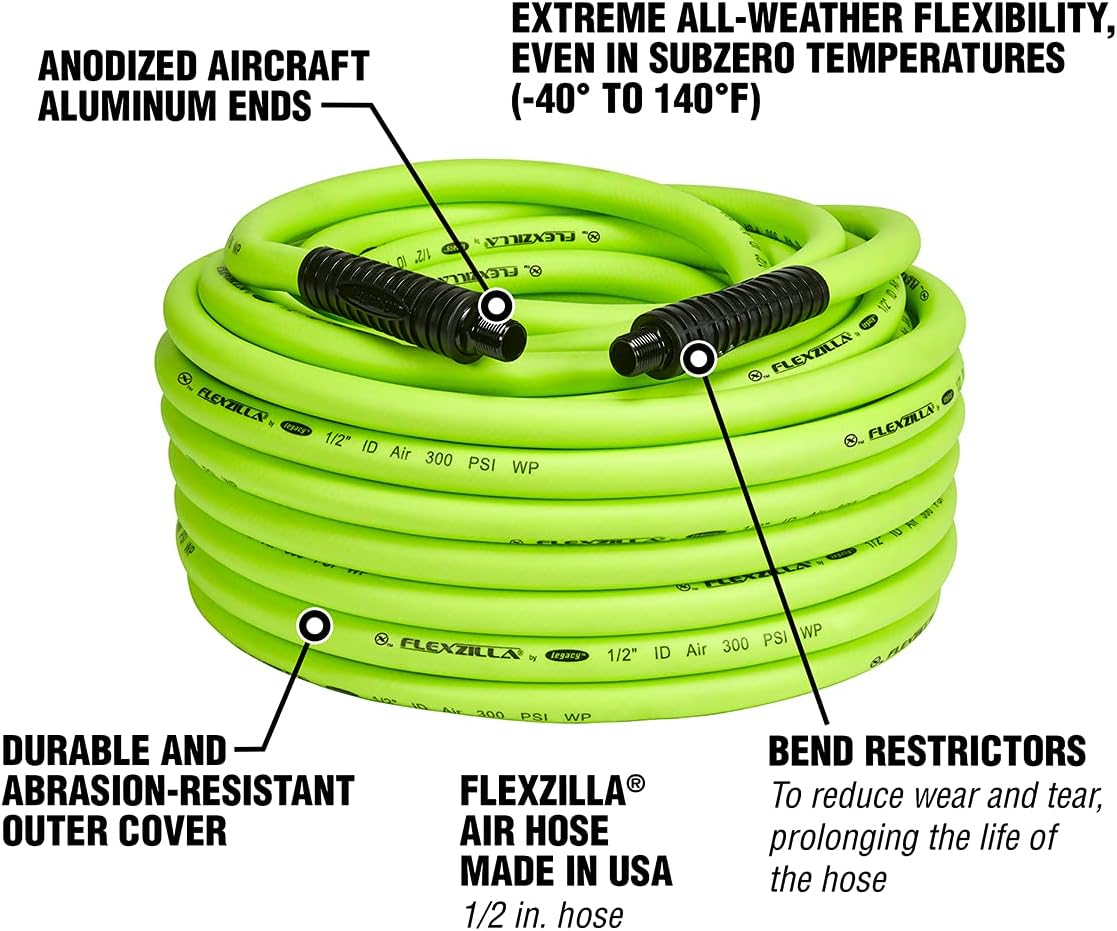 Legacy Manufacturing HFZ12100YW4 Flexzilla Air Hose, 1/2" x 100 ft, 1/2" MNPT Fittings, Heavy Duty, Lightweight, Hybrid, ZillaGreen