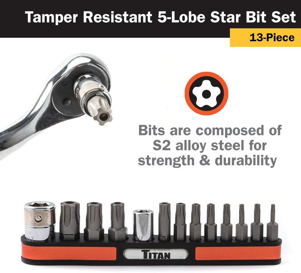 Titan Tools 16137 13-PC TAMPER RESISTANT 5-LOBE STAR BIT SOCKET SET, TR8-TR55