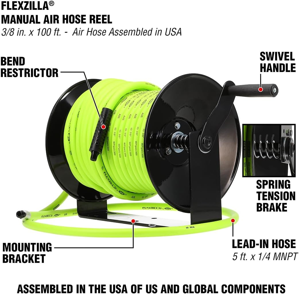 Legacy Manufacturing L8652FZ Flexzilla Enrouleur de tuyau d'air manuel, face ouverte, fixe, robuste, 3/8" X 100'