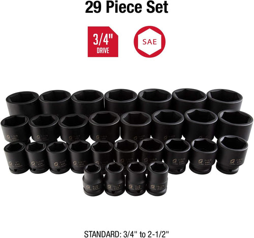 Sunex Tools 4696 29pc 3/4" Drive 6 Point SAE Standard Impact Socket Set