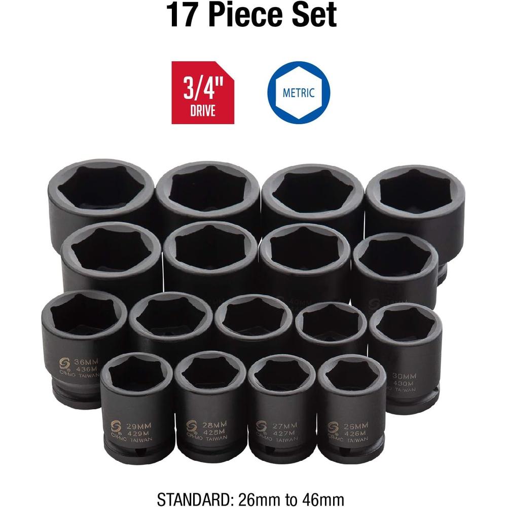 Sunex Tools 4684 3/4 in. Drive Heavy Duty Impact Socket Set, 17 pieces, Metric, 26mm-46mm, Cr-Mo Alloy Steel, Radius Corner Design, Dual Size Markings, Heavy Duty Storage Case