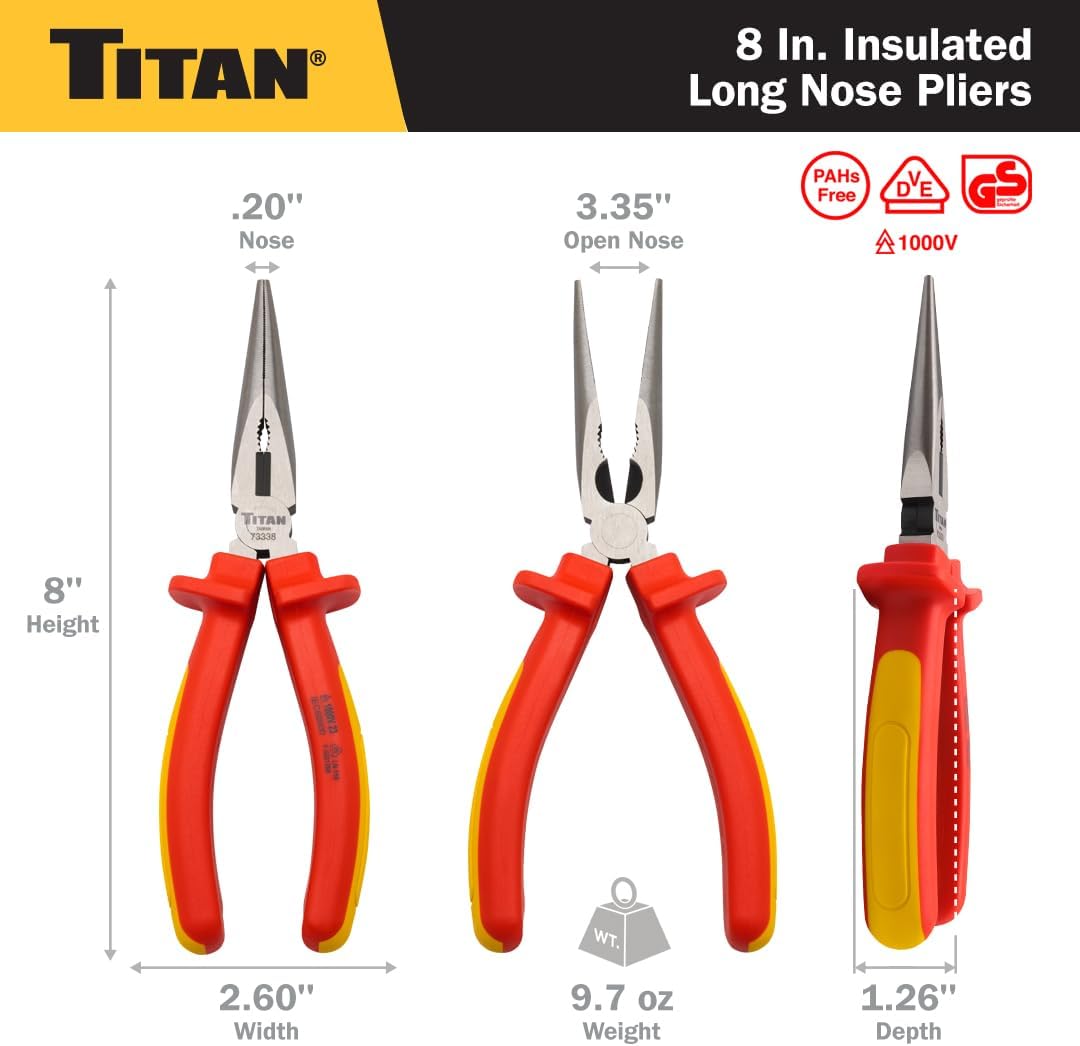 Titan Tools 73338 8" Insulated Long Nose Pliers