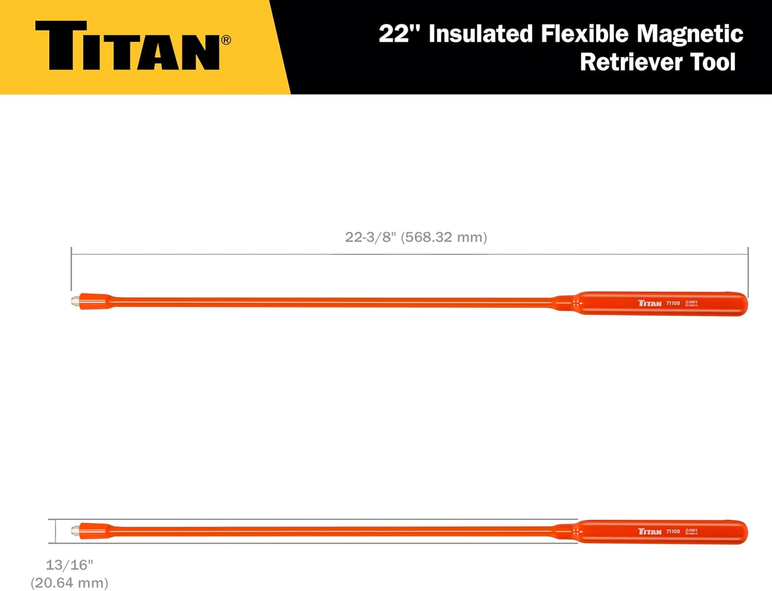 Titan Tools 71100 22" Long 1000V Insulated Flexible Magnetic Pick-Up Tool, 1.5 Lbs Magnetic Capacity