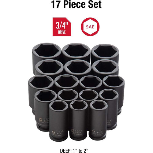 Sunex Tools 4685 Jeu de douilles à choc profond SAE robustes à entraînement 3/4 po, 17 pièces